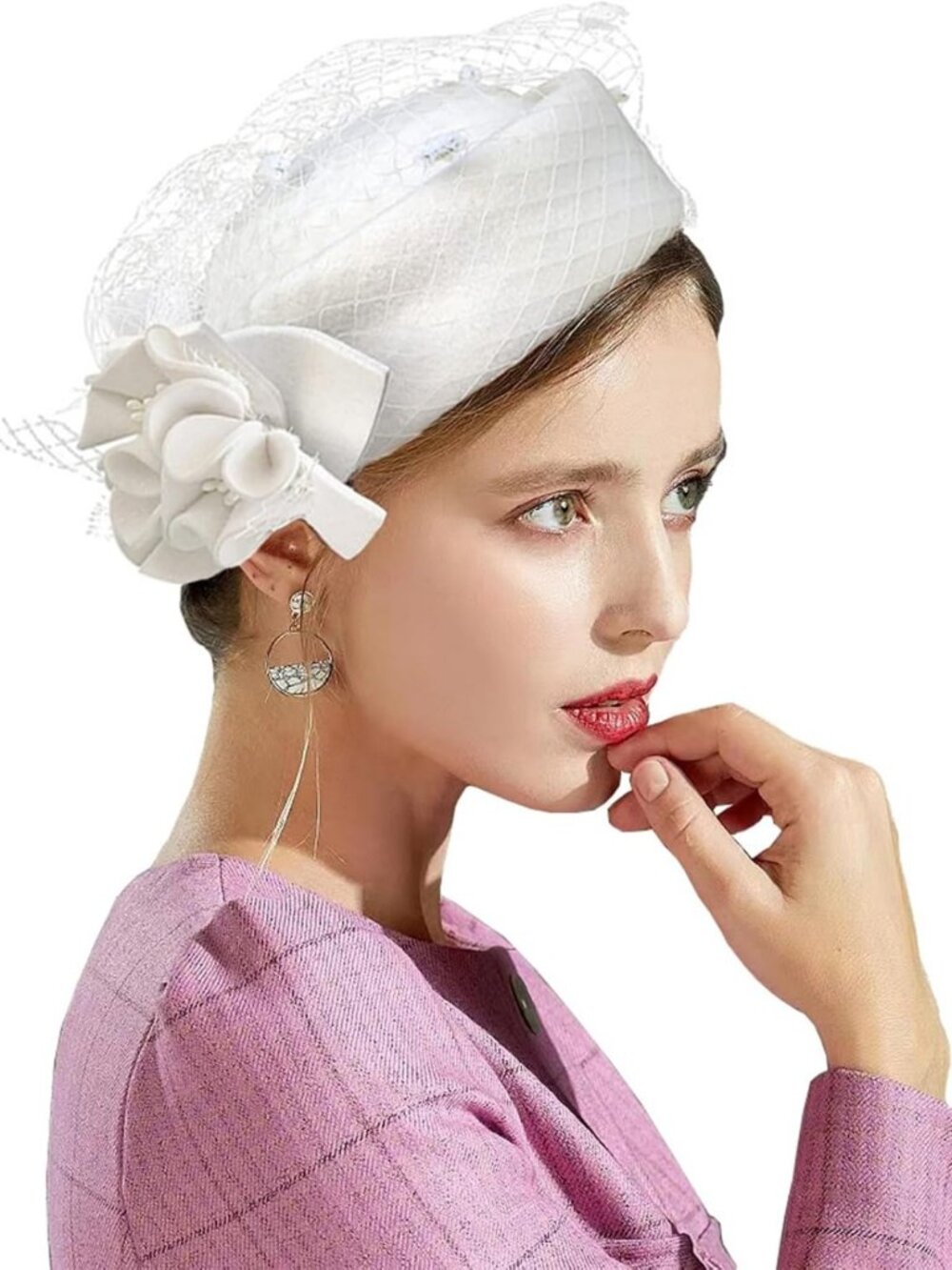 Vintage Women's Pillbox Derby Hat - 100% Wool Felt Fascinator with Veil for